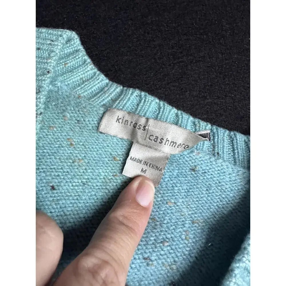 Kinross 100% Cashmere Speckled Teal V-neck woman's Sweater Medium Cottagecore